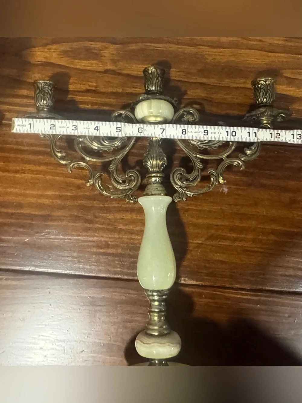Antique Brass and Cream Marble 3-Arm Candelabra